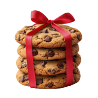 A stack of chocolate chip cookies tied with a festive red ribbon, creating a delightful and inviting appearance. png
