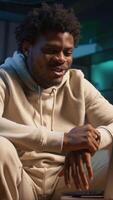 Vertical African american applicant at a virtual job interview via online call, applying for job vacancy listed on web recruiting platform. Ambitious person looking to get hired, job offer. Camera B. video