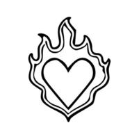 A black and white drawing of a heart with flames vector