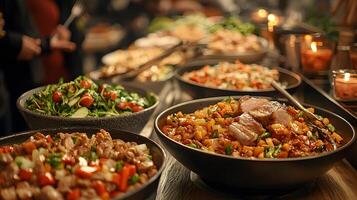 Culinary feast with diverse dishes displayed on a long table. photo