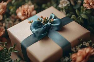 Elegant luxury gift box adorned with a ribbon in soft focus. photo