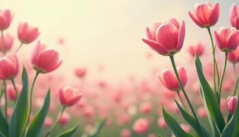 Pink spring tulip flowers blooming in the field. Soft focus and copy space for text photo