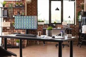 Computer screen displaying financial documents sits on spacious desk in startup workspace. Desktop pc on office table with screen showing business analytics in vacant brick wall room. photo