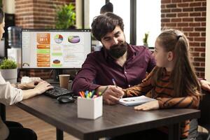 Bearded man drawing on notebook with daughter of coworker at desk in startup company. Working mother using computer as male colleague plays with her little girl during office hours in brick wall room. photo