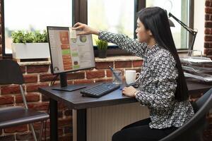 Businesswoman attaching sticky notes to her computer monitor, reviewing business analytics and meeting deadlines. Asian employee uses adhesive notes to manage tasks and prepare for upcoming projects. photo