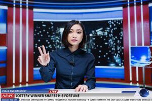 Late night show host discusses international events as donating money from lottery prize with the poor. News broadcaster reading daily headlines, content for live broadcast program. photo