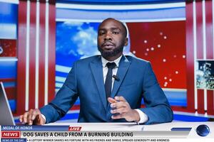 Incredible report of dog rescuing child from the flames, broadcast live on television and media outlets. Journalist discussing about structure that caught fire and animal saving humans. photo