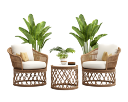 Serene Patio Setting with Wicker Chairs and Tropical Plants png