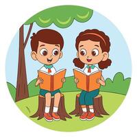 two children reading books in the park vector