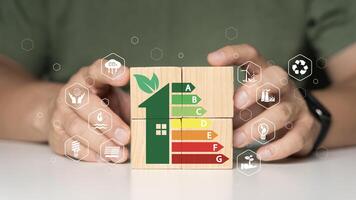 Energy efficiency rating labels promoting low consumption and efficient products to reduce carbon photo