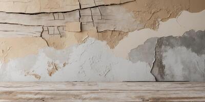 Textured background of weathered wood and plaster in neutral tones with copy space for graphic design or text overlay. photo