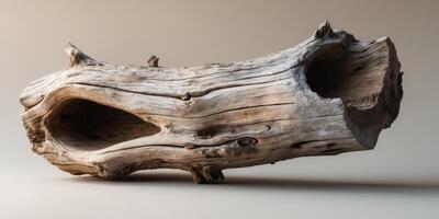 Weathered driftwood log with intricate textures and hollow interior on a neutral background Ideal for rustic design Copy Space photo
