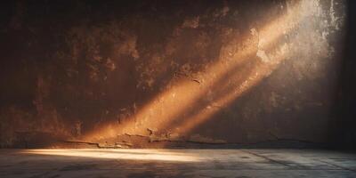 Grunge brown wall and floor illuminated by a warm light creating a dramatic and evocative atmosphere photo