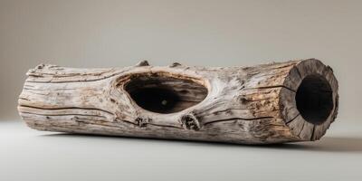 Weathered driftwood log with intricate textures and hollow interior on a neutral background Ideal for rustic design Copy Space. photo