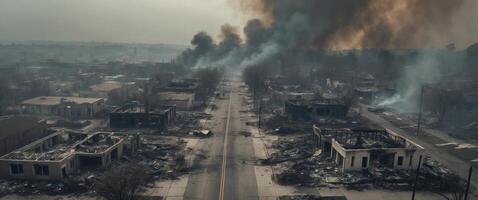Aerial View of Devastated Neighborhood in Ashes and Charred Remnants After a Fire Disaster. photo
