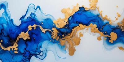Blue and Gold Abstract Fluid Art Background with Ink and Alcohol. photo