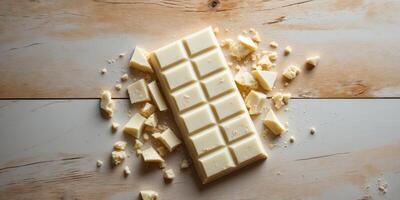 White Chocolate Bar with Crumbles on Wooden Surface photo
