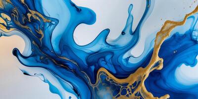 Blue and Gold Abstract Fluid Art Background with Ink and Alcohol photo