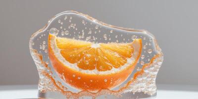 Radiant orange slice in shimmering gel with glimmering bubbles. photo