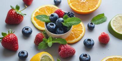 Fresh mixed berries and citrus fruits arranged with mint leaves on a light gray surface Copy Space. photo