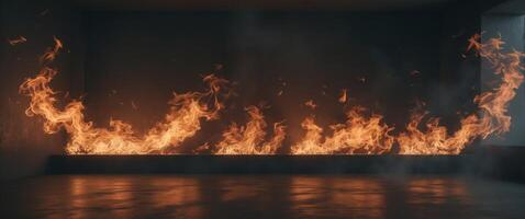Intense Fire Flames Illuminating a Dark Room Creating a Mysterious and Dramatic Atmosphere Within photo