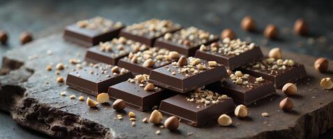 Dark Chocolate Squares Adorned With Crushed Hazelnuts on a Textured Surface photo