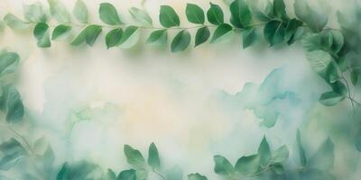 Green leaves creating a border on watercolor background. photo