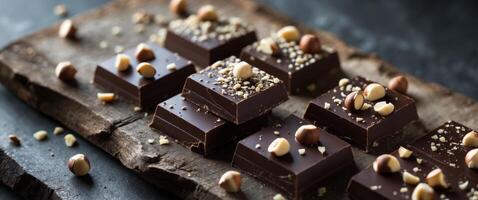 Dark Chocolate Squares Adorned With Crushed Hazelnuts on a Textured Surface. photo