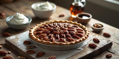 Pecan pie decorated with pecans surrounded by ingredients on a rustic kitchen table photo