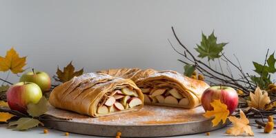 Classic apple strudel with warm spices and fresh apples on an inviting autumn display. photo