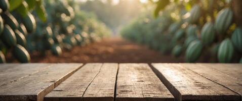 close up of rustic empty wooden table with blurred cocoa pod bean field farm background photo