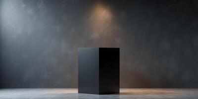 Product Display Background with Black Podium and Dark Textured Wall in Studio Setting photo