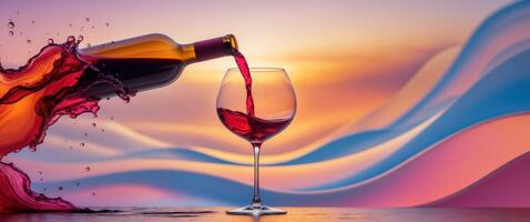 Elegant Red Wine Pouring Into Glass With Colorful Background of Sunset and Fluid Abstract Waves. photo