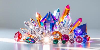 Colorful cluster of illuminated crystals and gemstones in various shapes and sizes with bright reflections and textures Copy Space photo