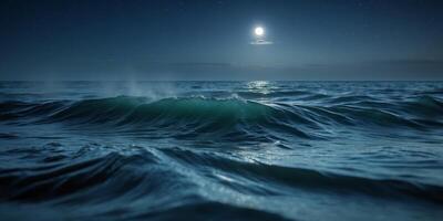 Dark blue ocean waves at night with a deep and serene atmosphere. photo