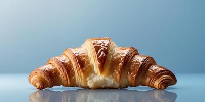 Croissant on reflective surface with soft blue background and ample copy space. photo