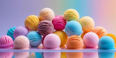 Colorful Ice Cream Balls on a Smooth Surface with Gradient Background. photo