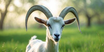 Goat with distinctive long horns and friendly expression in a lush green pasture during daylight hours. photo