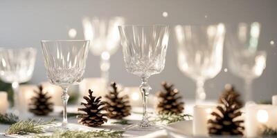 Elegant Holiday Dinner Table Setting with Pine Cones and Crystal Glasses photo