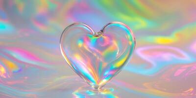 Glass heart on iridescent surface with colorful background. photo