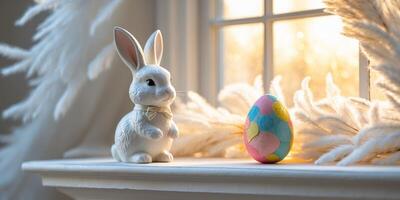 Cute Bunny Decoration with Colorful Egg near Bright Window Scene. photo