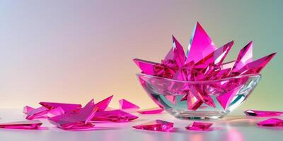 Bright pink crystal shards in a glass bowl with reflection on a colorful gradient background Copy Space. photo