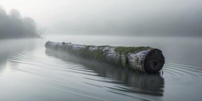 Weathered Log Drifting Slowly Down Misty River at Dawn with Reflections in Calm Water. photo