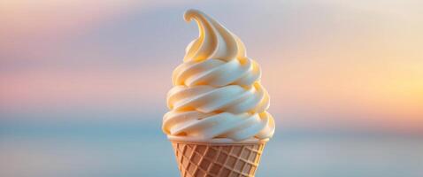 Close up of a soft serve ice cream at sunset. photo