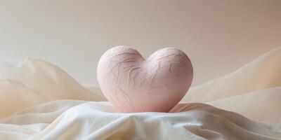 A textured pink heart sculpture resting on a soft surface with a subtle gradient background. photo
