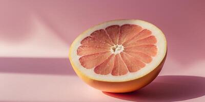 Fresh grapefruit slice casting shadow on pink background. photo