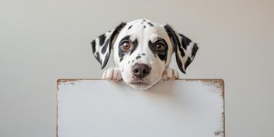 Adorable dalmatian puppy peeking over a blank sign with curious expression. photo