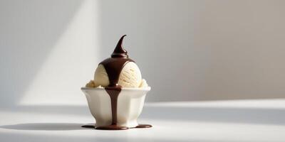 A spoonful of ice cream with chocolate sauce on top photo