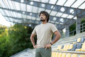 Athlete resting at the stadium, man breathing with eyes closed after active physical exercise and fitness. photo