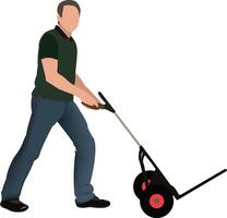 Warehouse worker transporting goods using a hand truck, emphasizing efficient logistics and manual labor in a storage facility vector